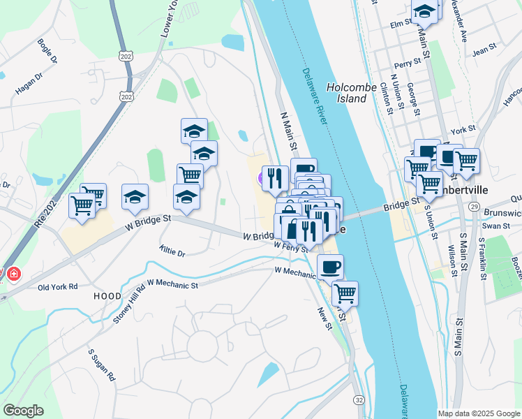 map of restaurants, bars, coffee shops, grocery stores, and more near 34 Chestnut Street in New Hope
