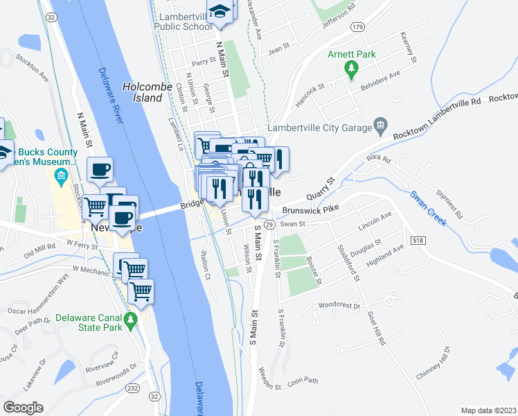 map of restaurants, bars, coffee shops, grocery stores, and more near 26 South Main Street in Lambertville
