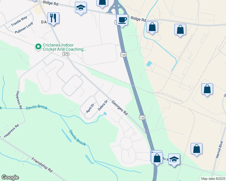 map of restaurants, bars, coffee shops, grocery stores, and more near 6 Eddie Court in South Brunswick Township