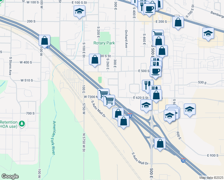 map of restaurants, bars, coffee shops, grocery stores, and more near 576 S 330 E in American Fork
