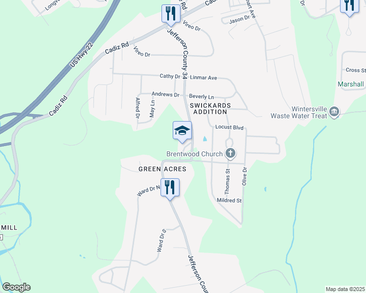 map of restaurants, bars, coffee shops, grocery stores, and more near 587 Bantam Ridge Road in Steubenville