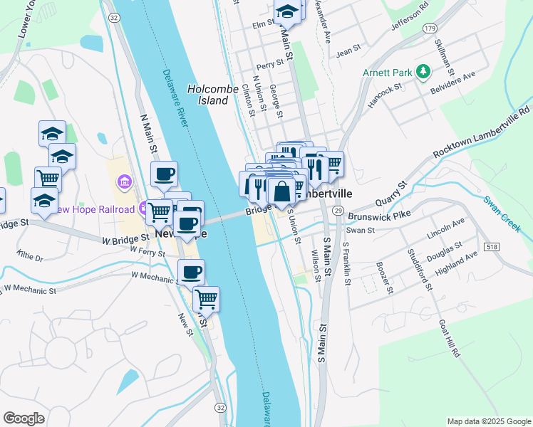 map of restaurants, bars, coffee shops, grocery stores, and more near 11 Bridge Street in Lambertville