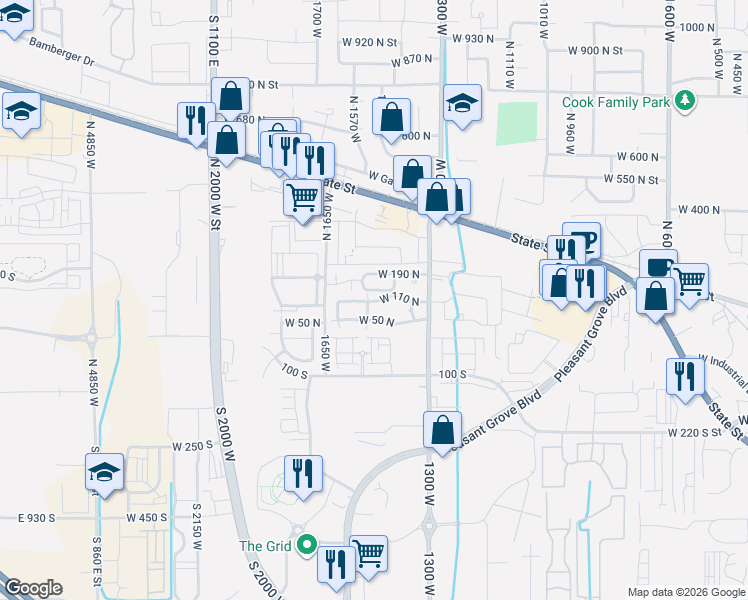 map of restaurants, bars, coffee shops, grocery stores, and more near 1493 West 110 North in Pleasant Grove