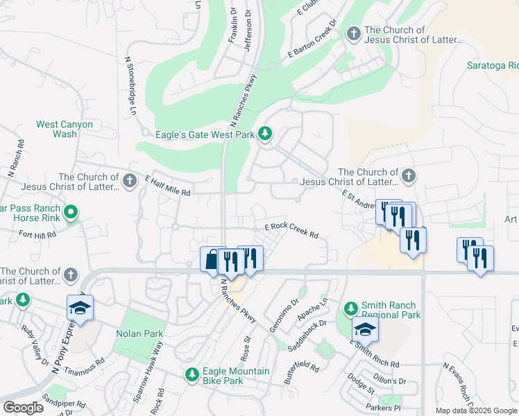 map of restaurants, bars, coffee shops, grocery stores, and more near 3579 Rock Creek Road in Eagle Mountain
