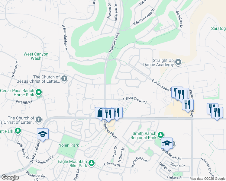 map of restaurants, bars, coffee shops, grocery stores, and more near 3579 Rock Creek Road in Eagle Mountain