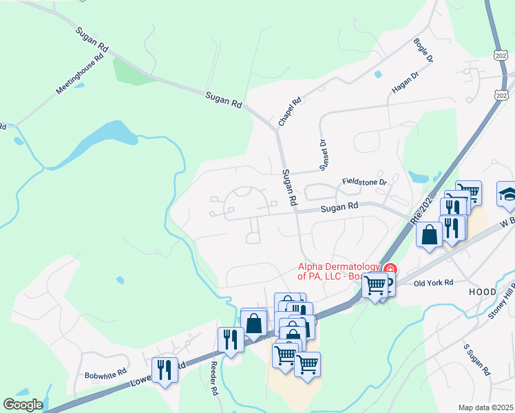 map of restaurants, bars, coffee shops, grocery stores, and more near 102 Waverly Lane in New Hope
