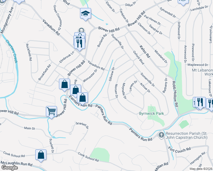 map of restaurants, bars, coffee shops, grocery stores, and more near 1753 Sillview Drive in Pittsburgh
