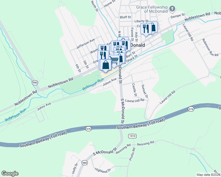 map of restaurants, bars, coffee shops, grocery stores, and more near 100 Bennett Place in McDonald