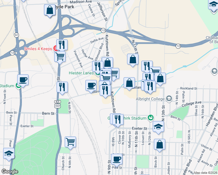map of restaurants, bars, coffee shops, grocery stores, and more near 2000 Kutztown Road in Reading