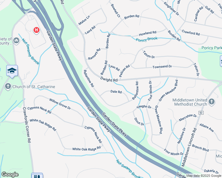 map of restaurants, bars, coffee shops, grocery stores, and more near 50 Dale Road in Middletown Township