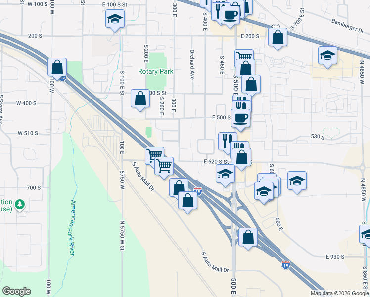 map of restaurants, bars, coffee shops, grocery stores, and more near East 580 South in Utah County