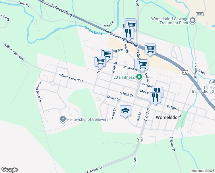 map of restaurants, bars, coffee shops, grocery stores, and more near 501 West High Street in Womelsdorf