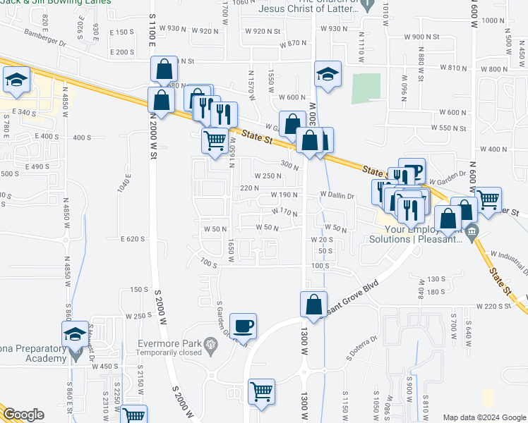 map of restaurants, bars, coffee shops, grocery stores, and more near 1524 West 110 North in Pleasant Grove