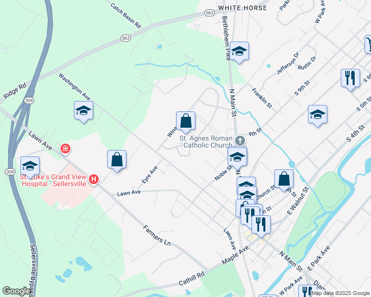 map of restaurants, bars, coffee shops, grocery stores, and more near 5B Kittery Court in Sellersville
