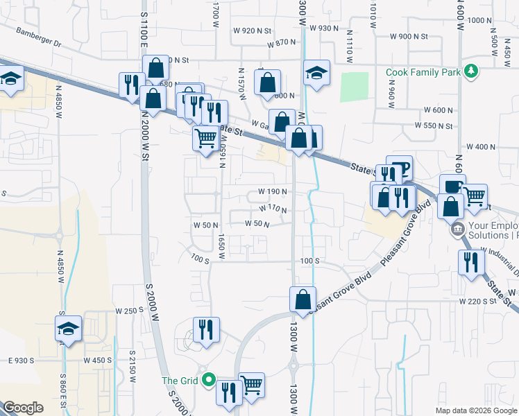 map of restaurants, bars, coffee shops, grocery stores, and more near 1488 West 110 North in Pleasant Grove