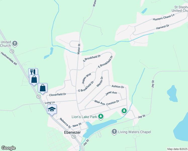 map of restaurants, bars, coffee shops, grocery stores, and more near 25 East Brookfield Drive in Lebanon