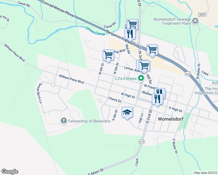 map of restaurants, bars, coffee shops, grocery stores, and more near 501 West High Street in Womelsdorf