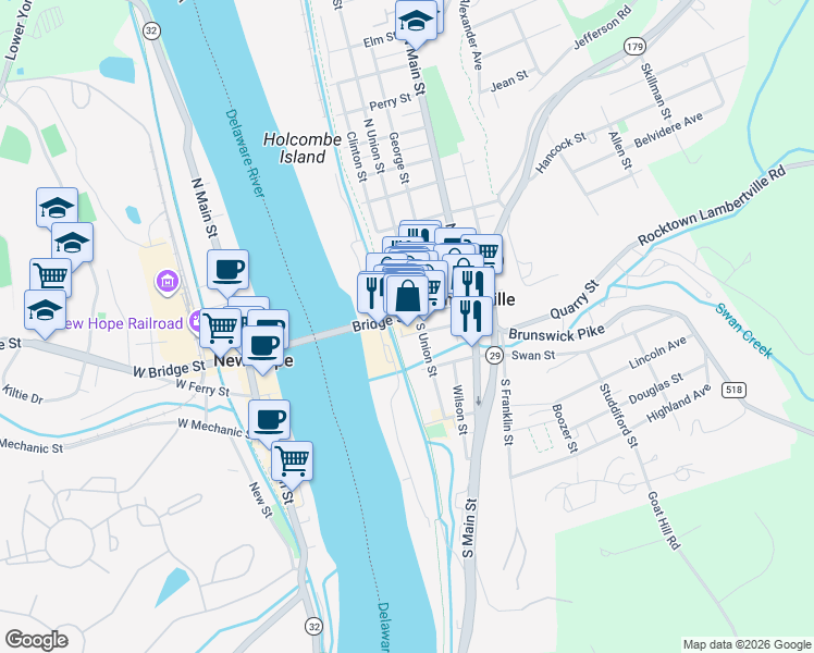 map of restaurants, bars, coffee shops, grocery stores, and more near 25 Ferry Street in Lambertville