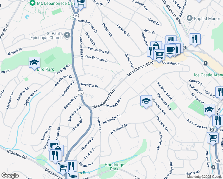 map of restaurants, bars, coffee shops, grocery stores, and more near 79 Mount Lebanon Boulevard in Pittsburgh