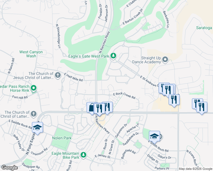 map of restaurants, bars, coffee shops, grocery stores, and more near 3579 Rock Creek Road in Eagle Mountain