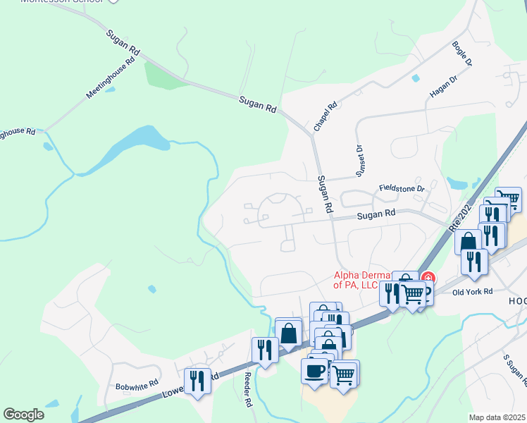 map of restaurants, bars, coffee shops, grocery stores, and more near 614 Weymouth Court in New Hope