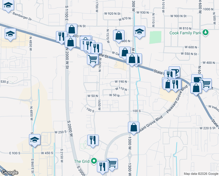 map of restaurants, bars, coffee shops, grocery stores, and more near 1593 West 110 North in Pleasant Grove