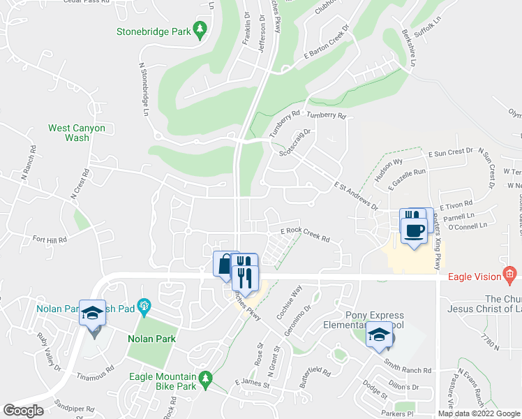 map of restaurants, bars, coffee shops, grocery stores, and more near 3579 Rock Creek Road in Eagle Mountain