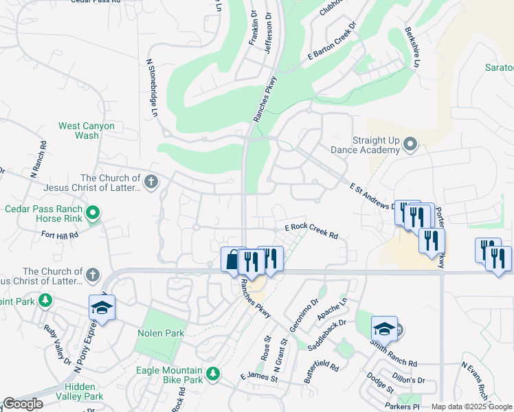 map of restaurants, bars, coffee shops, grocery stores, and more near 3579 Rock Creek Road in Eagle Mountain
