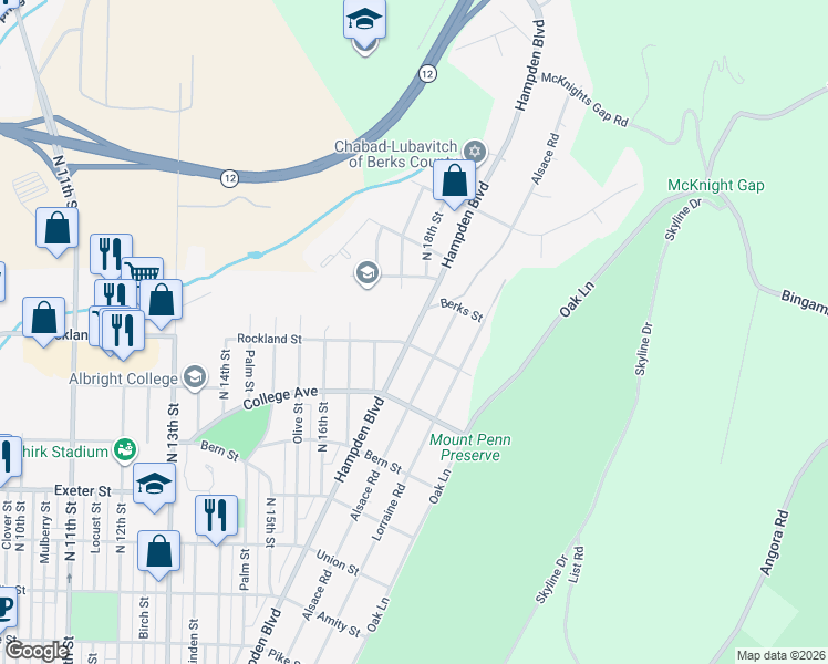 map of restaurants, bars, coffee shops, grocery stores, and more near 2001 Hampden Boulevard in Reading