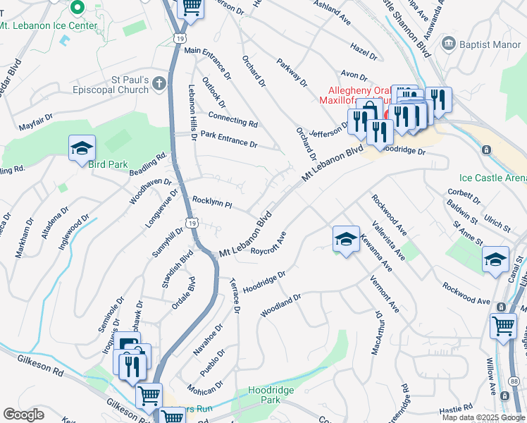 map of restaurants, bars, coffee shops, grocery stores, and more near 79 Mount Lebanon Boulevard in Pittsburgh