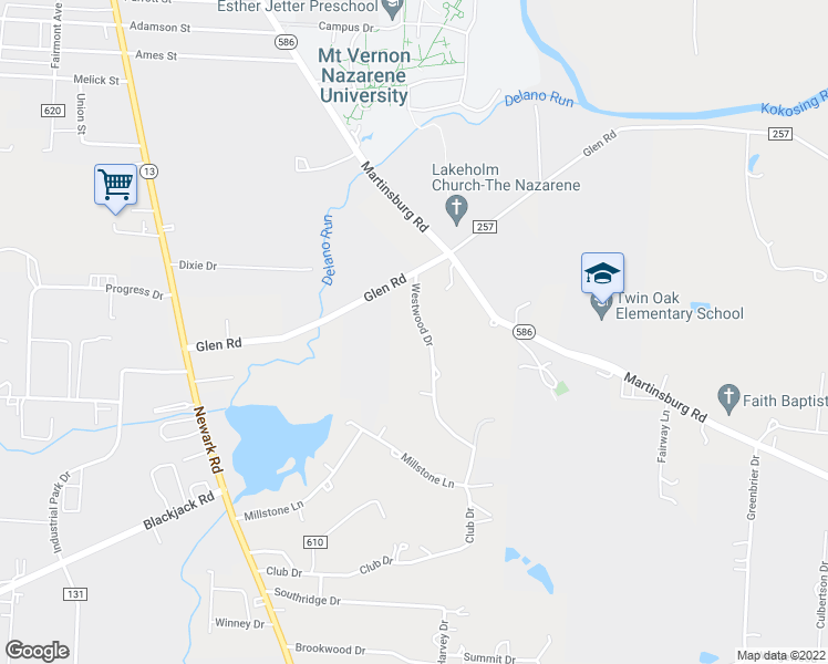 map of restaurants, bars, coffee shops, grocery stores, and more near 1261 Westwood Drive in Mount Vernon