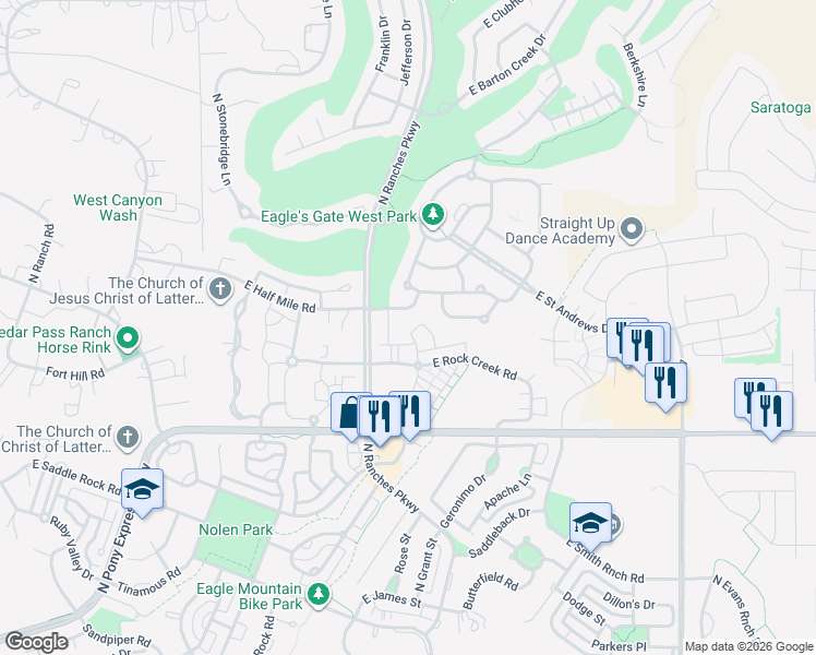 map of restaurants, bars, coffee shops, grocery stores, and more near 8215 North Clear Rock Road in Eagle Mountain