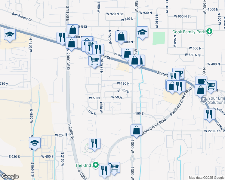 map of restaurants, bars, coffee shops, grocery stores, and more near 1542 West 110 North in Pleasant Grove
