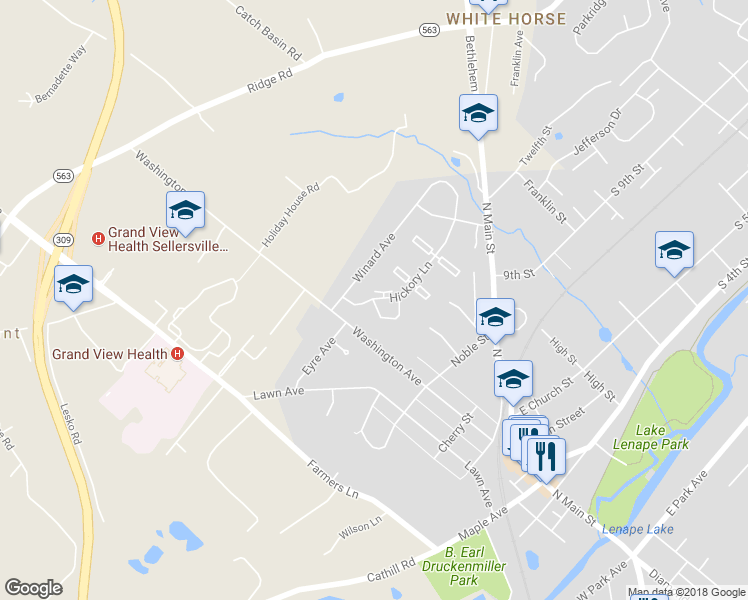 map of restaurants, bars, coffee shops, grocery stores, and more near 18 Kittery Court in Sellersville