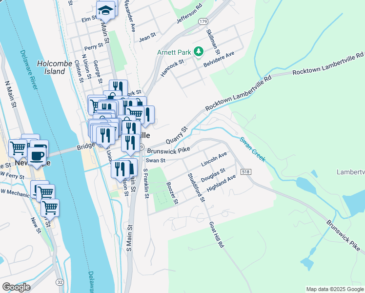 map of restaurants, bars, coffee shops, grocery stores, and more near 72 Brunswick Avenue in Lambertville