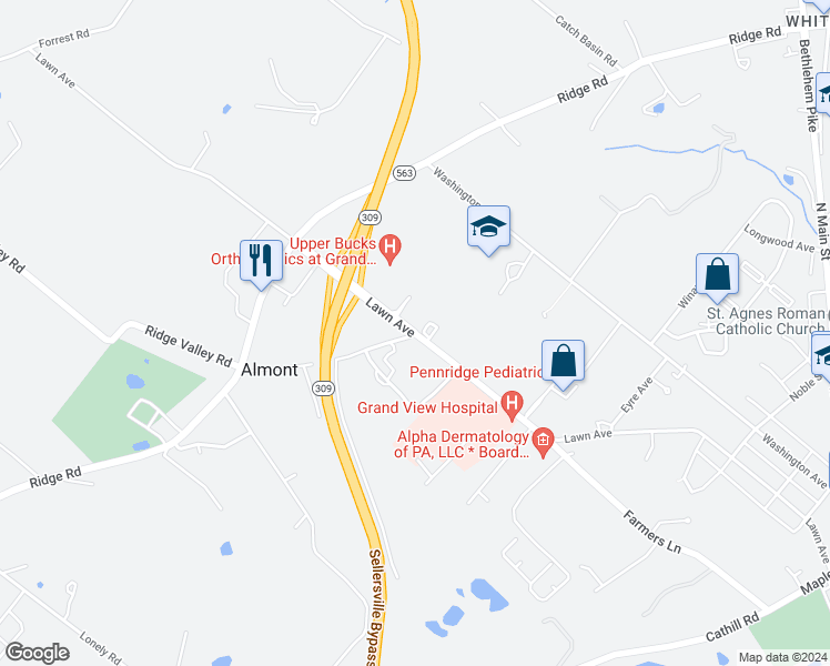 map of restaurants, bars, coffee shops, grocery stores, and more near 829 Lawn Avenue in Sellersville