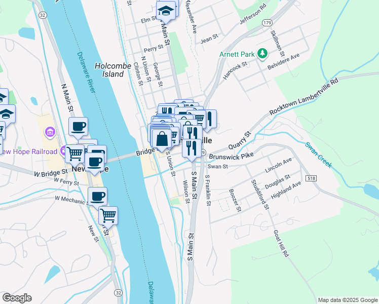 map of restaurants, bars, coffee shops, grocery stores, and more near 25 South Main Street in Lambertville