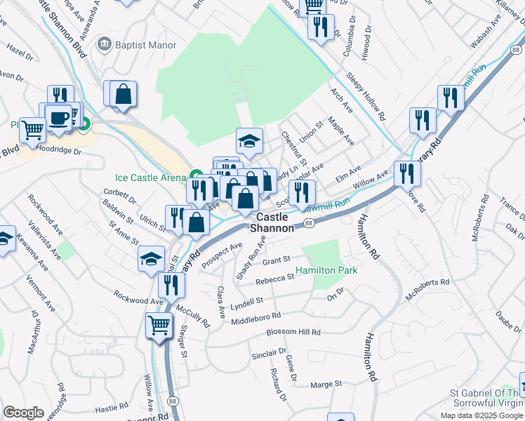 map of restaurants, bars, coffee shops, grocery stores, and more near Willow Avenue in Castle Shannon