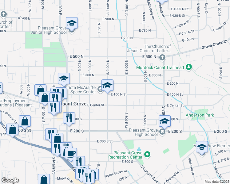 map of restaurants, bars, coffee shops, grocery stores, and more near 435 East 100 North Street in Pleasant Grove