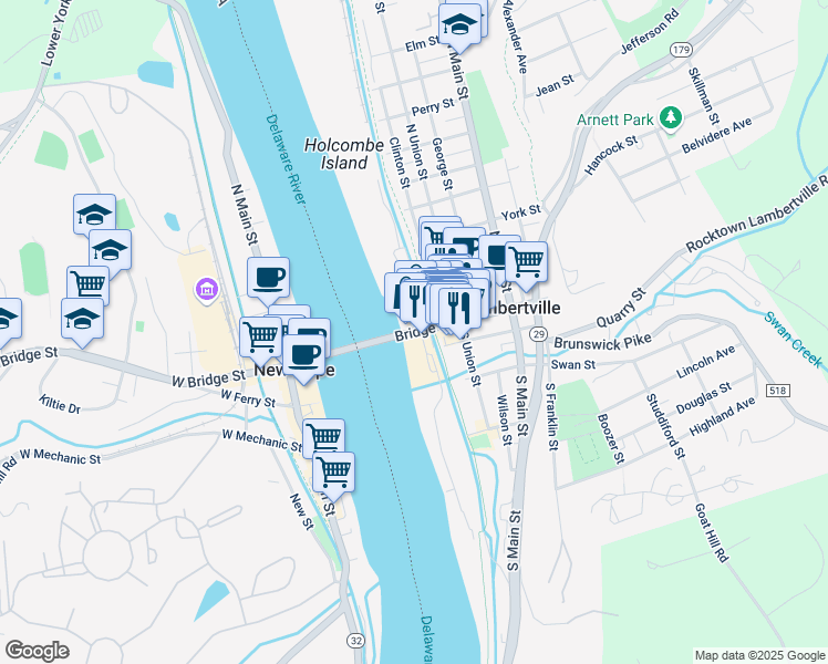 map of restaurants, bars, coffee shops, grocery stores, and more near Bridge Street & Lambert Lane in Lambertville