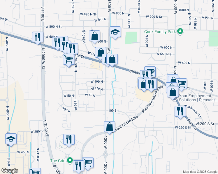 map of restaurants, bars, coffee shops, grocery stores, and more near 84 North Spencer Road in Pleasant Grove
