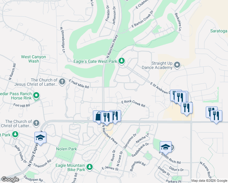 map of restaurants, bars, coffee shops, grocery stores, and more near 8215 North Clear Rock Road in Eagle Mountain