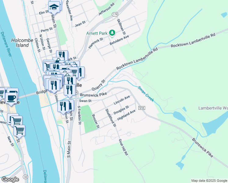 map of restaurants, bars, coffee shops, grocery stores, and more near 123 Brunswick Avenue in Lambertville