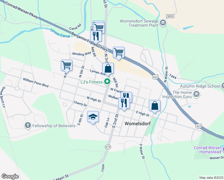 map of restaurants, bars, coffee shops, grocery stores, and more near 33 North 3rd Street in Womelsdorf