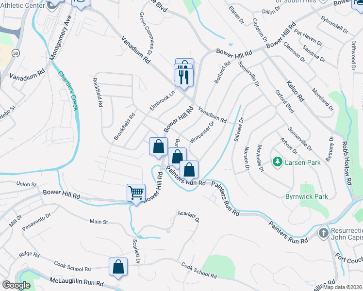 map of restaurants, bars, coffee shops, grocery stores, and more near 2016 Worcester Drive in Pittsburgh