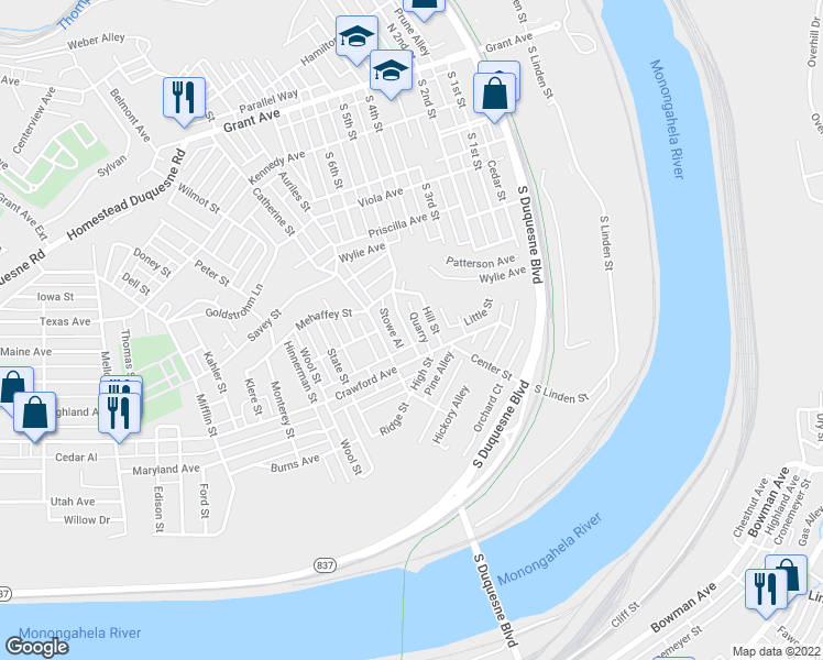 map of restaurants, bars, coffee shops, grocery stores, and more near 637 South 5th Street in Duquesne