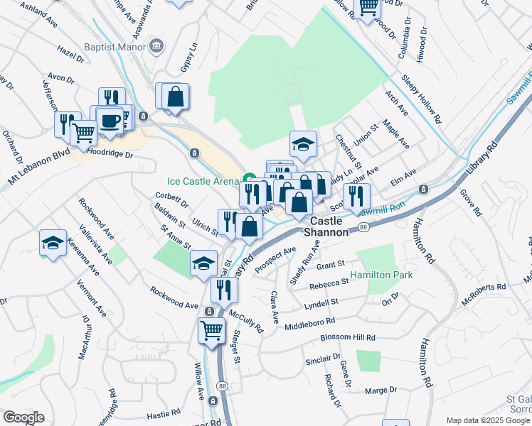 map of restaurants, bars, coffee shops, grocery stores, and more near 3829 Willow Avenue in Castle Shannon