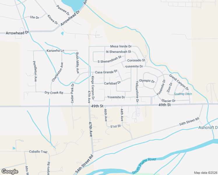 map of restaurants, bars, coffee shops, grocery stores, and more near 4740 Everglade Court in Greeley