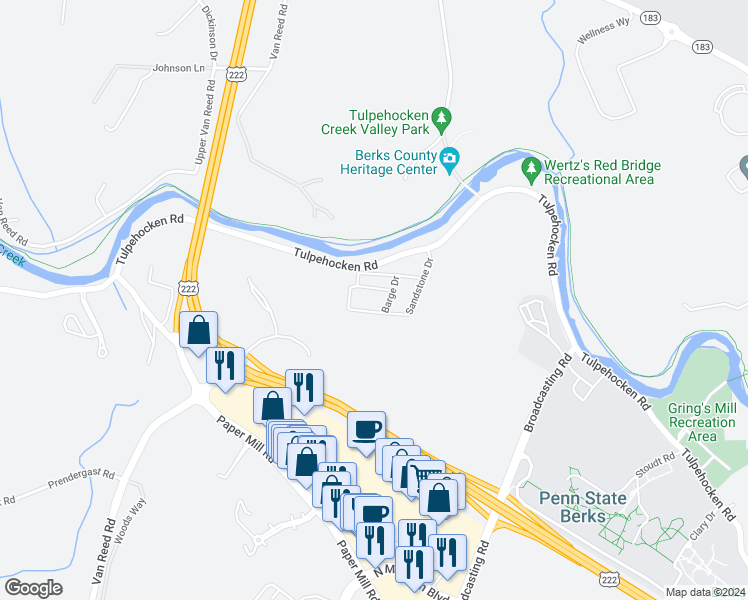 map of restaurants, bars, coffee shops, grocery stores, and more near 2222R Tulpehocken Road in Reading