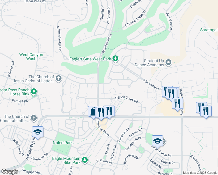 map of restaurants, bars, coffee shops, grocery stores, and more near 3579 Rock Creek Road in Eagle Mountain